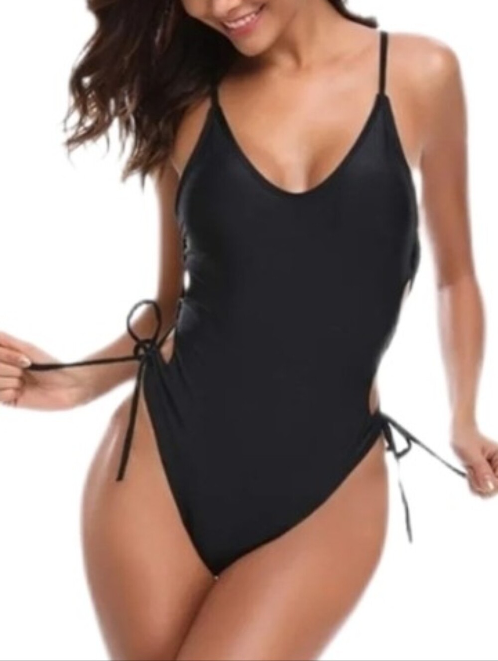 Kendall + Kylie Swimsuit One Piece Highcut String Tie Sides Black Size S - Picture 4 of 13